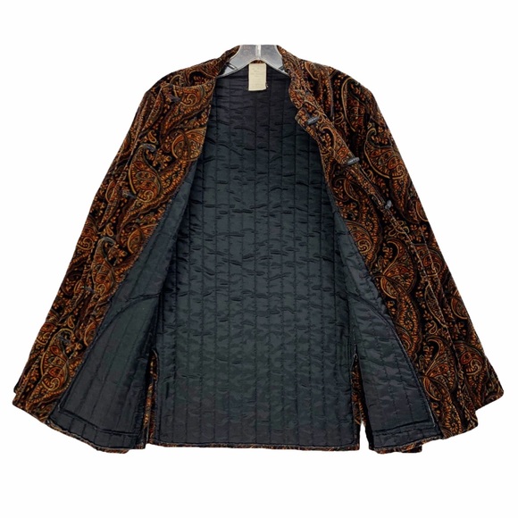 Vintage Paisley Quilted Velvet Like Jacket Coat Toggle Buttons Mandarin Collar - Picture 5 of 16